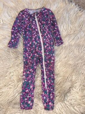 Purple Floral Footed Kids One-Piece Pajamas - Zip Front